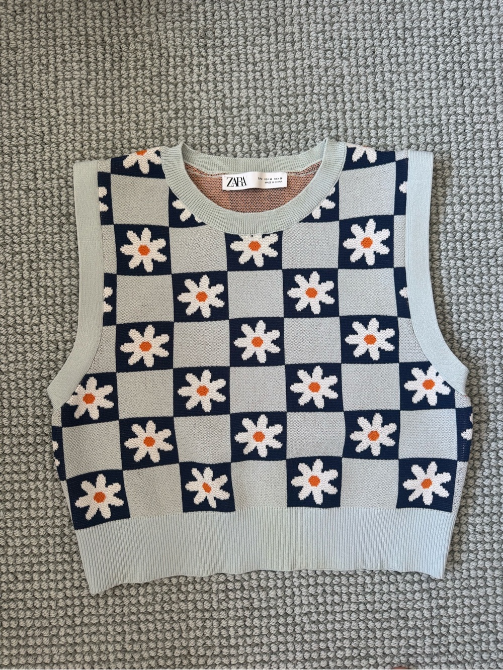 🩵Zara Light Blue & Navy Daisy Checker Knit Top🩵